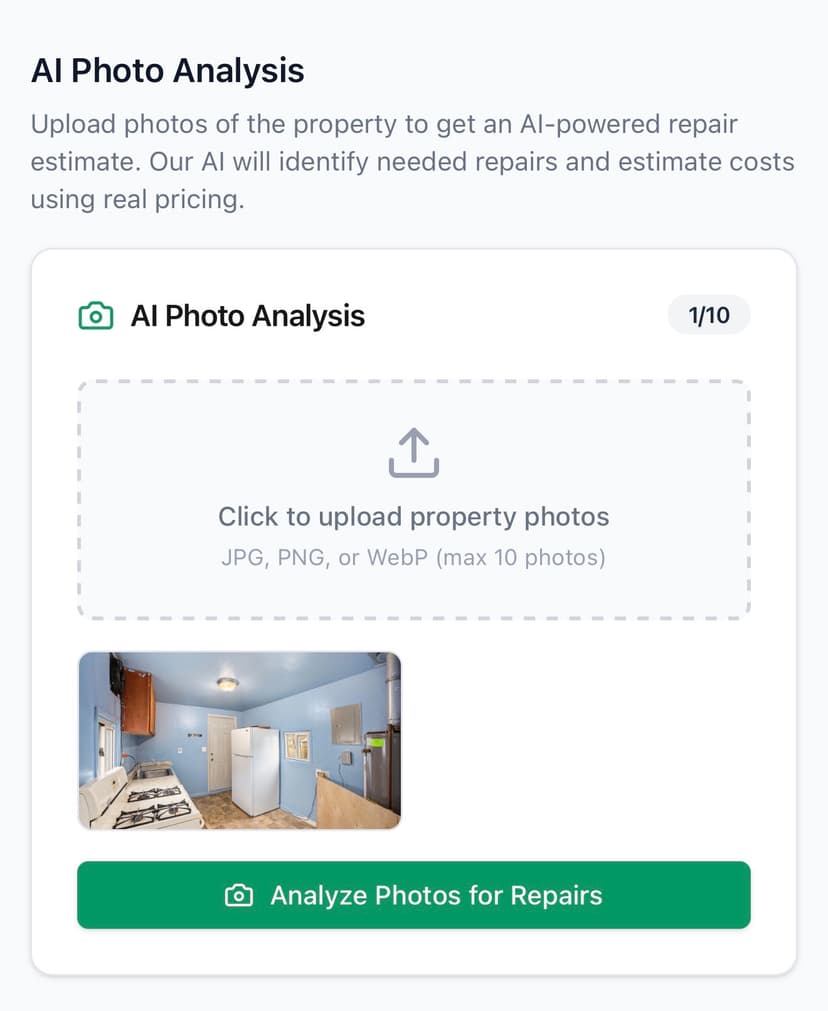 AI Photo Analysis upload interface with photo preview and analyze button